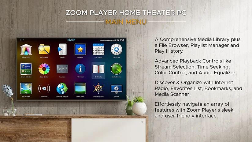 Zoom Player Home Theater PC - Main Menu Fullscreen Navigation Interface